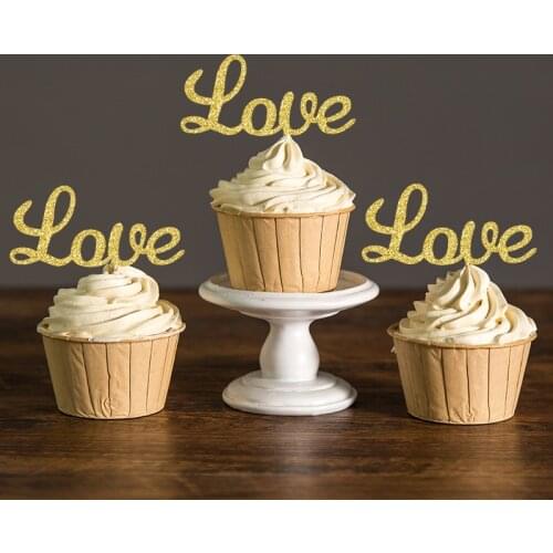 Black/Silver&Gold Glitter Lover Cupcake Toppers Picks for Bridal Shower Decor Engagedment/Wedding Party Cake Decoration Supplies
