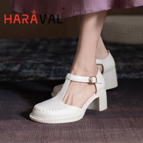 HARAVAL Women Pumps Shoes Elegant Fashion High Heels Rounde Toe White Green Mary Janes T-Tied Casual Buckle Strap Shoes B158