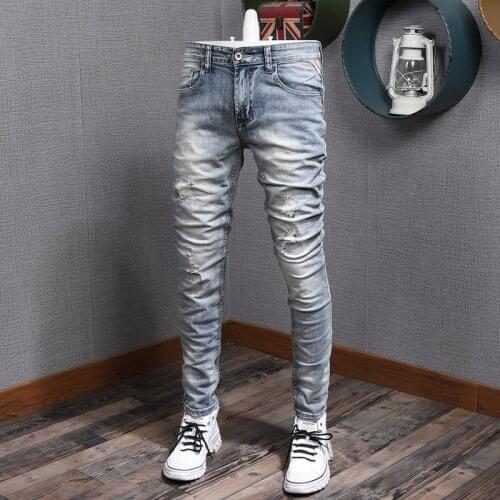 European American Vintage Fashion Men Jeans Retro Light Blue Elastic Slim Ripped Jeans Men Patchwork Designer Casual Denim Pants