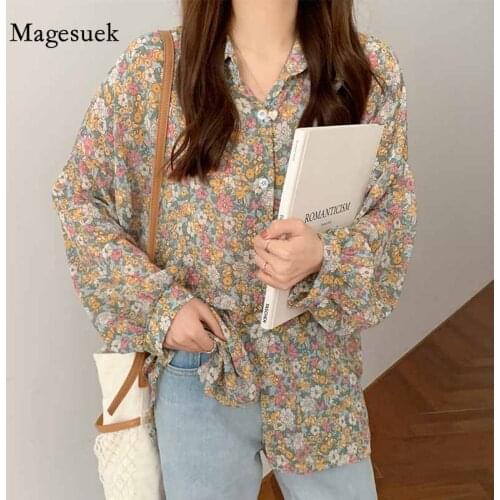 2020 Puff Long Sleeve Floral Women Shirts Cardigan Women Korean Tops Autumn Casual Chiffon Print Plus Size Blouse Blusas 10312