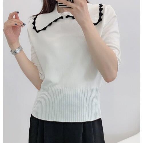 2021 Summer Casual Women Knitted T Shirts Tops Peter Pan Collar Short Sleeve Cute Sweater Tshirt Korean Slim White Tee Clothes
