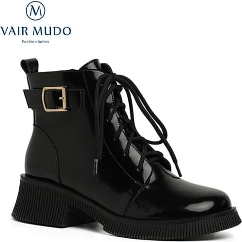 VAIR MUDO Ankle Motorcycle Boots Shoes Genuine Leather Black Green White Lace Up Concise Low Heels Zipper Boots Women DX102L