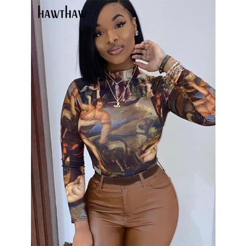 Hawthaw Women Autumn Fashion Long Sleeve Painting Printed Skinny Slim O Neck Bodysuit Romper Playsuit 2020 Fall Clothes