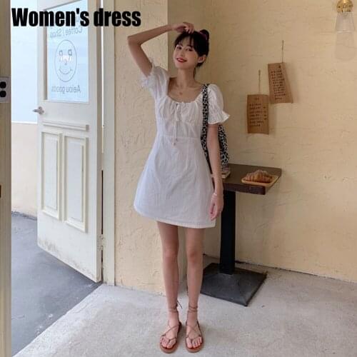 Hot Sale Females White Dress Polyester Square Neck Puff Sleeve Short Skirt for Summer NOV99