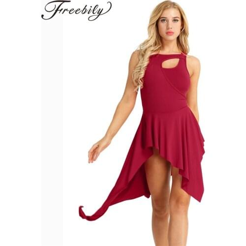 Women Adult Sleeveless High Low Ballet Figure Ice Skating Dress Gymnastics Leotard Performance Dance Costume Ballerina Dancewear