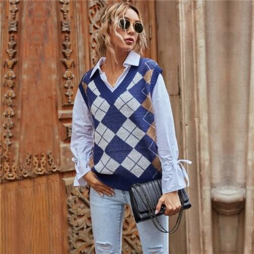 2020 Fashion Trend Women Argyle Vest Autumn Winter Sleeveless V-neck Color Block Tank Top Ladies Casual Slim Outwear Sweater