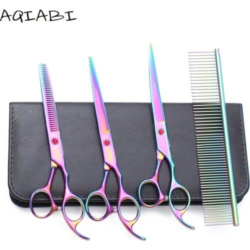 A3003 4Pcs Suit 7" AQIABI Grooming Scissors Straight Scissors Thinning Shears UP Curved Shears Pet Scissors Add Bag Dropshipping