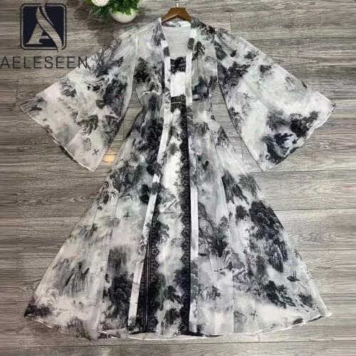 AELESEEN Women Runway Fashion 2 Pieces Sets Flare Sleeve Loose Claok + Spaghetti Strap Lace Dress Flower Print Casual Twinsets