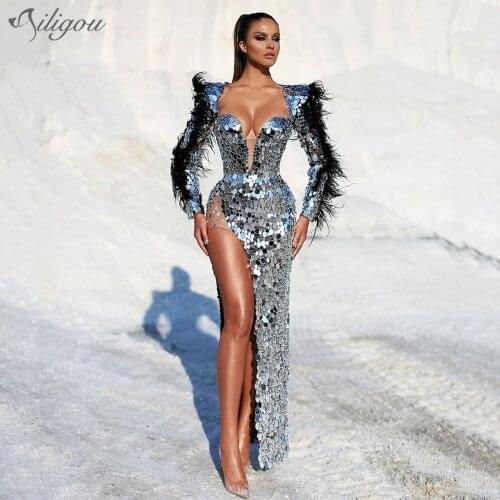 Ailigou Luxury Shiny Silver Sequined Feather V-Neck Long-Sleeved Celebration Party Dress 2021 New Sexy Party Dress Vestidos