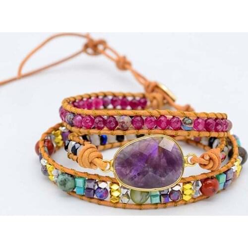 Purple Crystal Natural Stone Bracelets Egg Shape3 Strands Heal Wrap Bracelets Bohemia Handmade