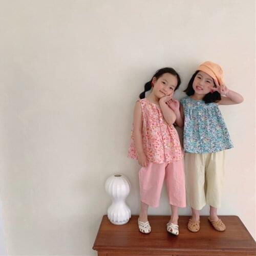 2021 Summer New Kids Set Floral Sleeveless Tees and Solid Loose Pants Simple Casual Girls 2Pcs Suit