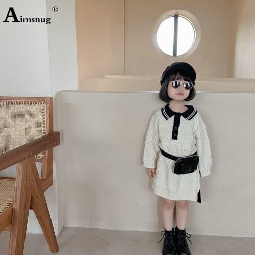 Children Knitted Dress Kids Girls Lepal Collor Pleated Dresses Autumn 2021 Knee-Length Princess Dress Winter Casual Pullovers