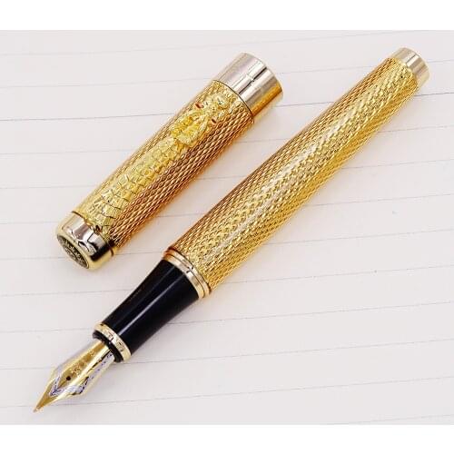 Jinhao 1200 Vintage Luxurious Fountain Pen Beautiful Ripple with Dragon Clip, Noble Golden Metal Carving Ink Pens Collection