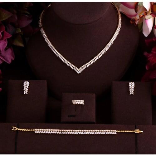Luxury gold-color real micro pave setting AAA cubic zirconia leaves shaped 4pcs dubai jewelry set for dinner party