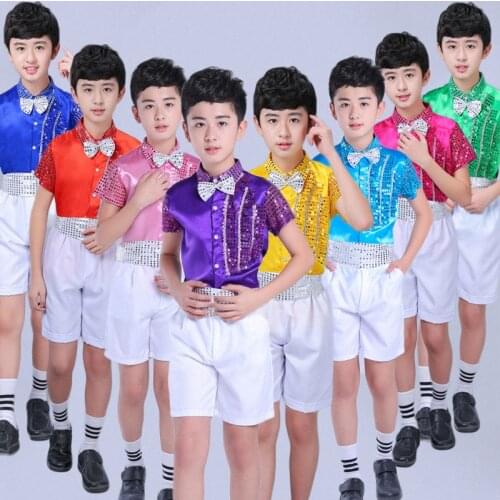 Jazz Dance Costumes Sequined Short-Sleeved Shirt White Shorts Kids Hip Hop Dancing Outfits Child Stage Performance Wear DNV11598