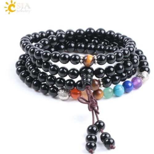 CSJA Natural Gem Stone Black Onyx 108 Rosary Mala Beads Men Wrapped Handwork Bracelets 7 Chakra Tibetan Buddhist Meditation F007