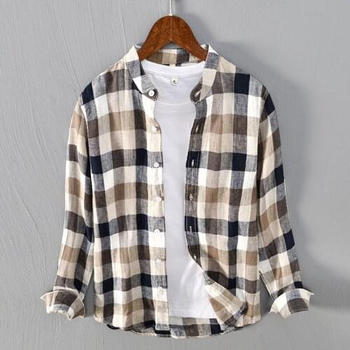 2021 New style Italy Suehaiwes brand caual pure linen shirt men fashion stand collar striped shirts for men top camisa chemise