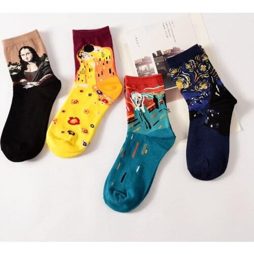 2019 Novelty Retro Lovers Socks Women Men Painting Mona Lisa Artistic Funny Fashion Starry Night Comfortable Breathable Socks
