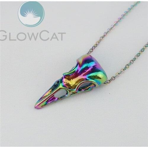 New Trendy Punk Vintage Rainbow Animal Crow Raven Head Birds Skull Pendant Gift Necklace for Women Personality Party Jewelry