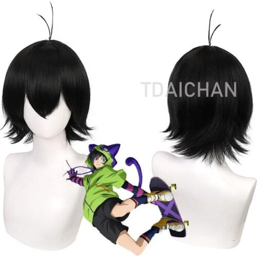 Anime SK8 MIYA Cosplay Wig Black Short Straight Heat Resistant Hair Adult Halloween Role Play 33cm The Infinity SK Eight+wig Cap