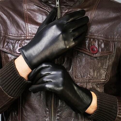 Genuine Leather Gloves Male Fashion Simple Lambskin Gloves Man Black Autumn Winter Plus Velvet Thicken Warm For Driving DQ208