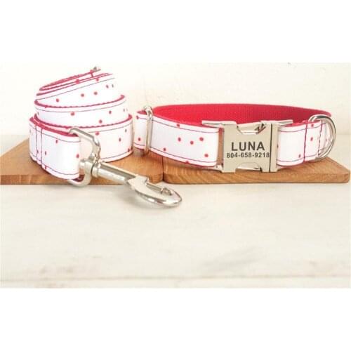 Personalized Red Dot White Pet Collar Custom Puppy ID Tag Adjustable Cat Accessory Flower Basic Dog Collars Leash Set