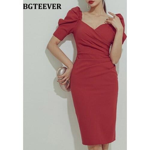 BGTEEVER Elegant Puff Sleeve Women Pencil Split Dress Spring New Fashion Square Collar OL Red Bodycon Dress Midi Vestidos Femme