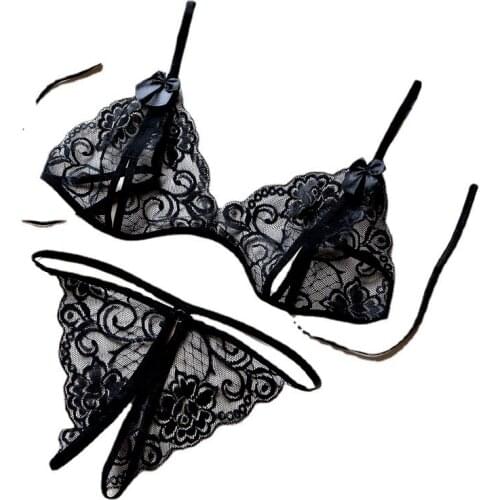 Sexy underwear set three-point sexy lace perspective open file T-BACK pants bra suit