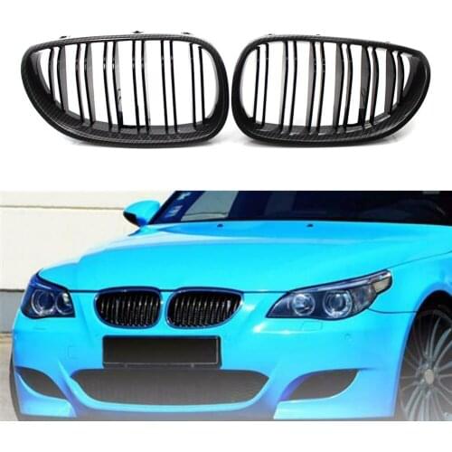2x Carbon Fiber Black Double Slat Front Kidney Grille Fit BMW E60 E61 5 Series M5 2004-2010