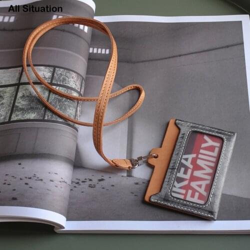 Luxury Office Identity Badge Holder First Layer Cow Leather Top End Luggage Tag Neck Lanyard ID/Bus Card Set For Teacher Student