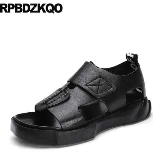 Black runway designer shoes men high quality summer beach flat genuine leather sandals white 2019 native platform italian soft