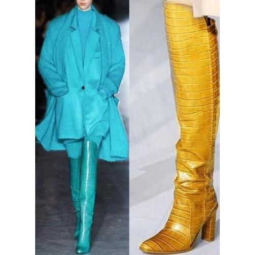 Moraima Snc Fashion Round Toe High Heel Boots Runway Leather Thick Heels Shoes Woman Over the Knee Boots Yellow White Black