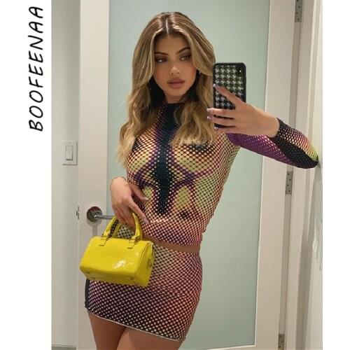 BOOFEENAA Sexy Dress Sets Fall 2021 Fashion Print Tight Mini Skirt Long Sleeve Crop Top 2 Piece Sets Womens Club Outfits C85BD17
