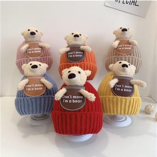 Toddler Baby Beanie Cap Stylish Winter Warm Knit Hat with Bear Doll for Boys and Girls