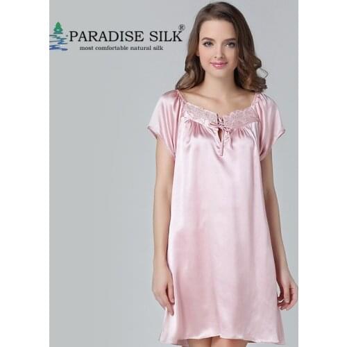 Silk Nightgowns 100% Pure Silk Darwstring Lace Neck Short Sleeves Chemise Home Dresses Size M L XL XXL