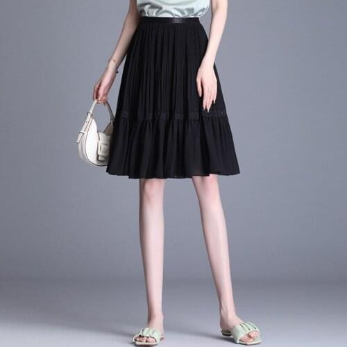 Chiffon Midi Skirts Female 2021 Summer New High Waist Pleated Short Skirt Drape Mid-length A-line Skirt Young Women BSQ424