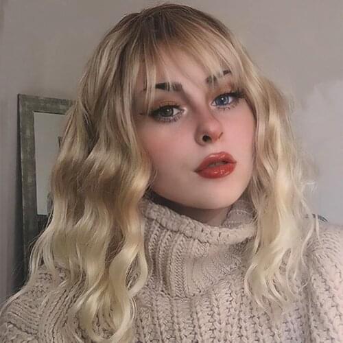 Synthetic Wigs With Bangs Blonde Bob Wig Short Blonde Wig Women Shoulder Length Cosplay Pink Purple Wigs Heat Resistant Fiber