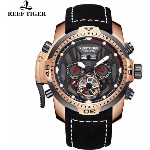 Reef Tiger/RT Mens Sport Watches Complicated Dial Rose Gold Automatic Watches Genuine Black Leather Strap RGA3532