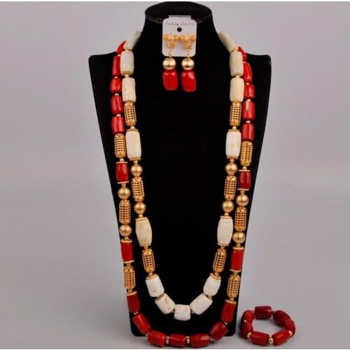 African Bride Wedding Jewelry Mixed Color White and Red Natural Coral Necklace Nigeria Wedding Wedding Dress Jewelry Set AU-370
