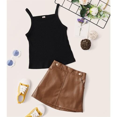 FOCUSNORM Fashion Kids Girls Summer Clothes Sets 2pcs Knit Solid Strapless Vest Tops Leather Skirts 1-6Y