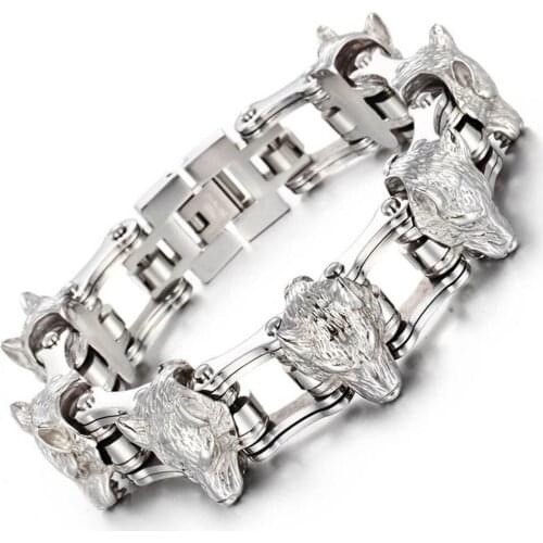 Trendy Stainless Steel Silver Color Animal Wolf Head Motor Bicycle Chain Mens Bracelet Bangle Christmas Gift 8.26" Heavy Jewelry