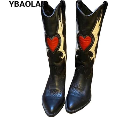 Black and White Color Matching Pointed Denim High-heeled Boots Love Wings Embroidered Sleeve V-mount Knight Womens Boots