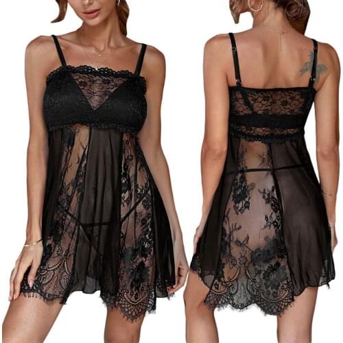 Women Sexy Two-piece Nightwear Set Black Lace Hem Sleepwear Sleeveless Dress and T-shaped Panties Pajamas S/ M/ L