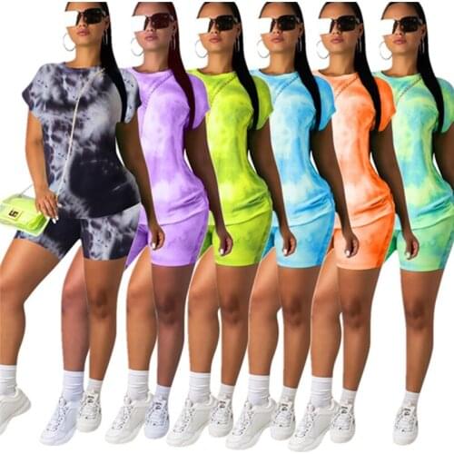 Casual Tie-dye Two Piece Set Female Matching Sets Women Gym Clothing Short Sleeve Summer T-shirt Tops And Shorts Set Tracksuits