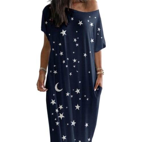 Summer dress new Women Casual Short Sleeve Stars Moon printing One Shoulder Pockets Loose Long Dress Female