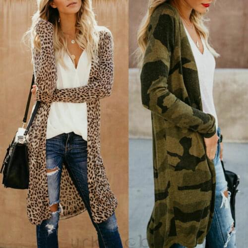 Womens Leopard Camouflage Kimono Cardigan Open Front Boho Camo Long Sleeve Long Maxi Jacket Casual Standard Regular V-neck