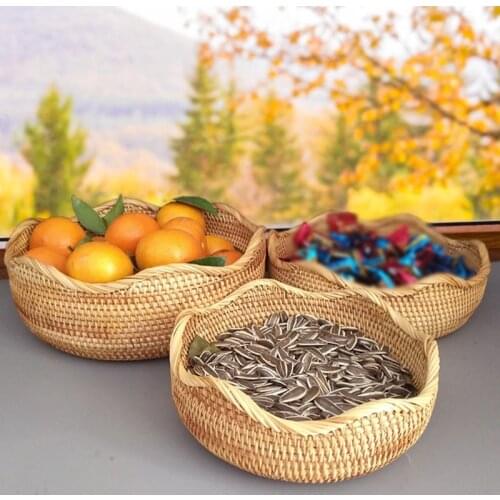 1pc Round Rattan Basket Wicker Food Tray Weaving Storage Holder Dinning Room Bowl Serving Basket for Food Fruit Cosmetic Storage