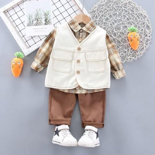 2021Fashion Spring Autumn Toddler Baby Boys Casual Clothes Outfits Plaid Long Sleeve T-Shirt+Vest+Pants 3pc/Sets Childrens Wear