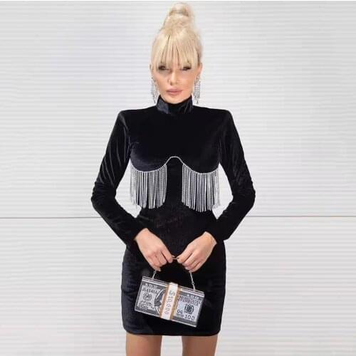 Ailigou 2021 Fall Womens Sexy Designer Diamond Tassel Full Sleeve Black Nightclub Dress Mini Celebrity Party Dress Vestido