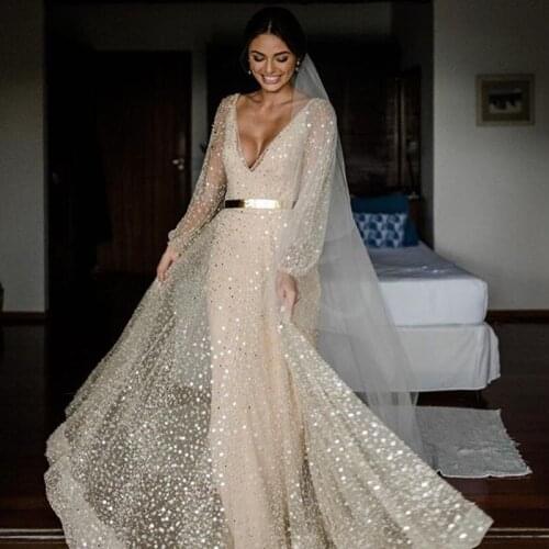Sparkly Sequined Evening Dress Bling Bling Deep V Neck Sexy Backless Long Sleeve Prom Party Gown NO Belt